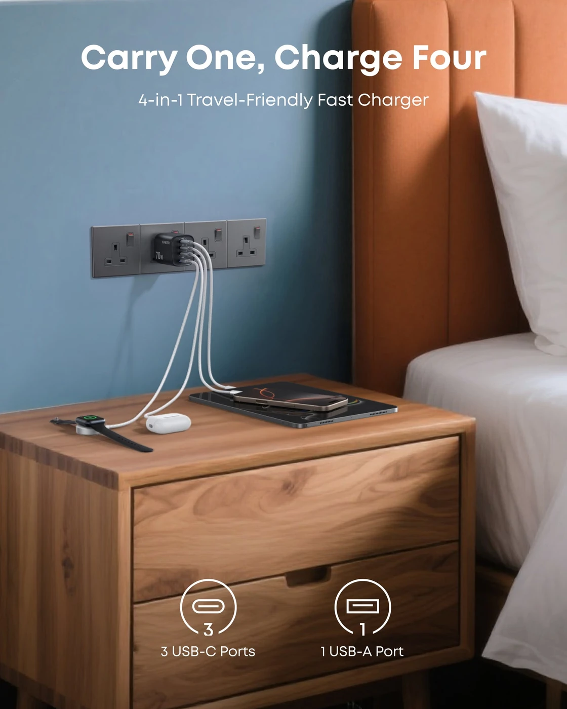 Anker Zolo Charger, 4-Port Foldable Wall Adapter with Fast 70W Output, image 5